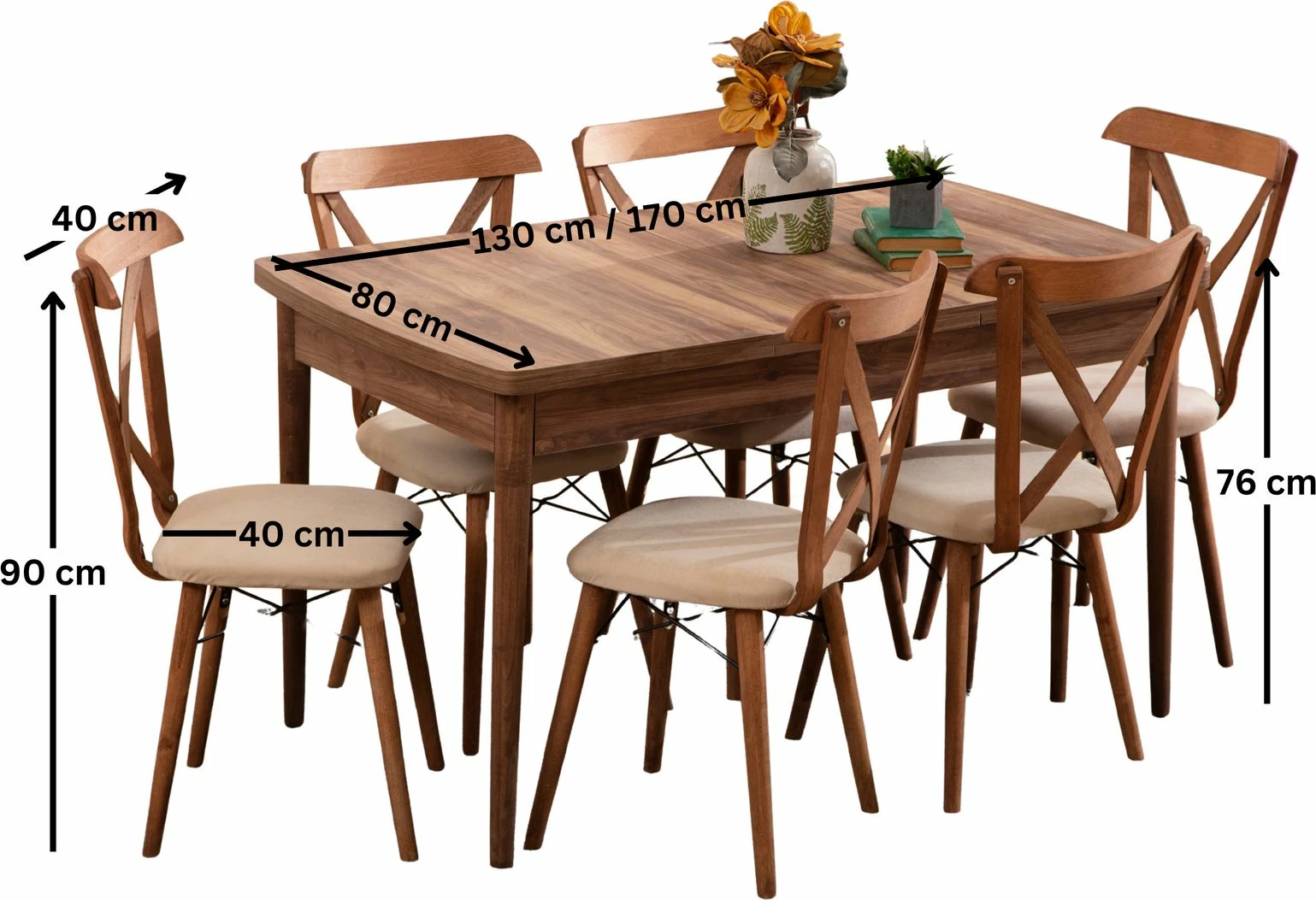 Tavolinë me karrige, set 7 pjesësh, ngjyrë kafe, Skye Decor Cenova, tavolinë e zgjatshme