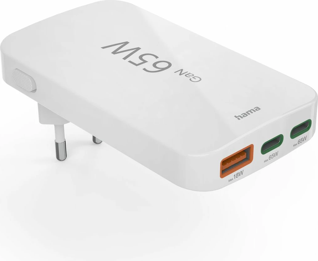 Karikues muri Hama GaN 65W, 2x USB-C, 1x USB-A, i bardhë, palosës