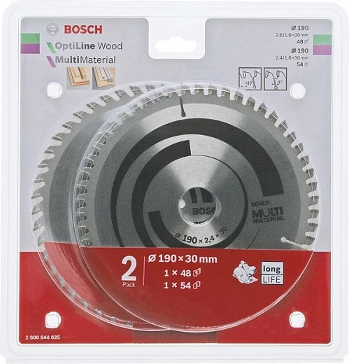 Set diska sharrë rrethore Bosch Optiline Wood + Multi Material, Ø190x30mm, 48T/54T