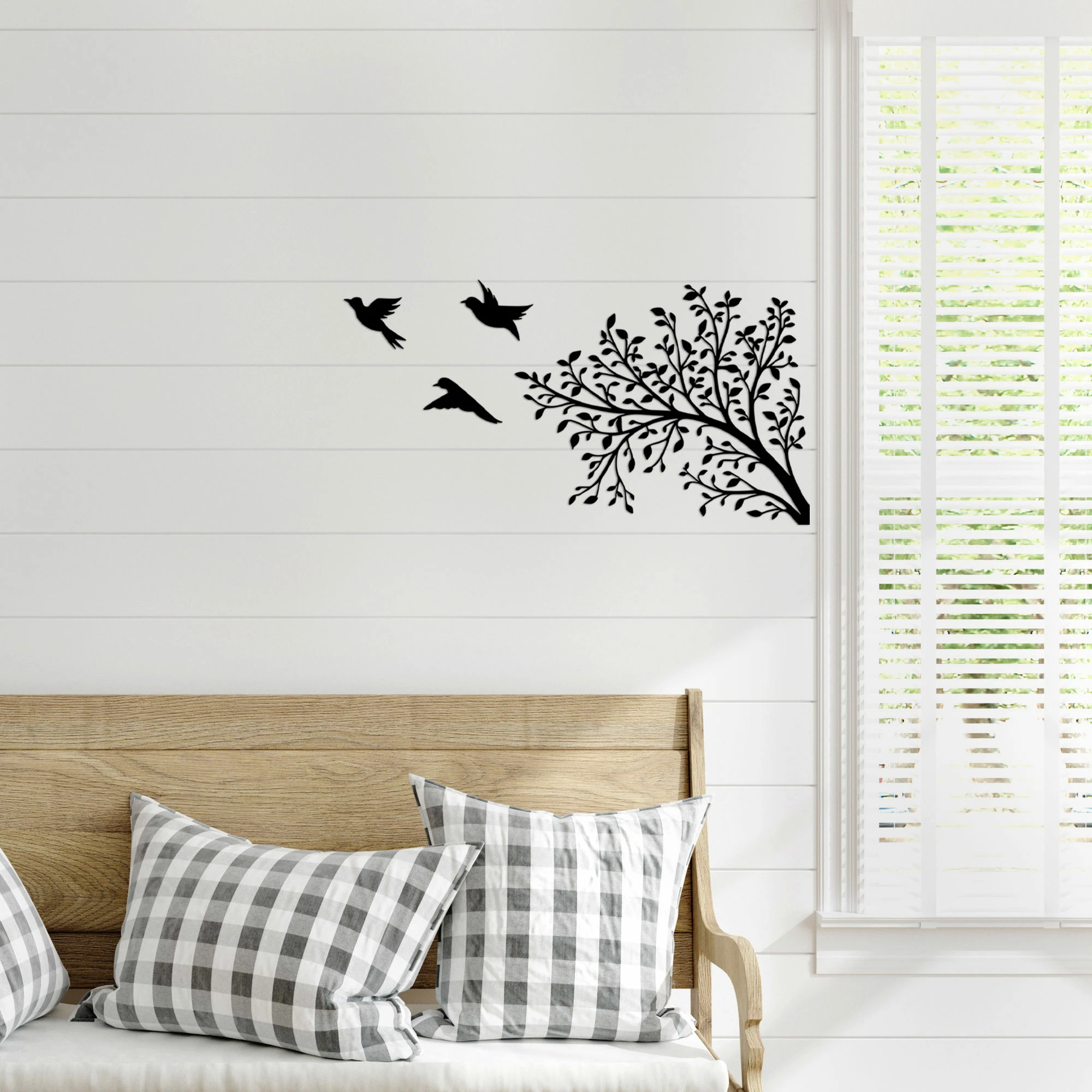 Aksesor dekorativ metalik për mur, degë me zogj, Wallity, 37x70cm