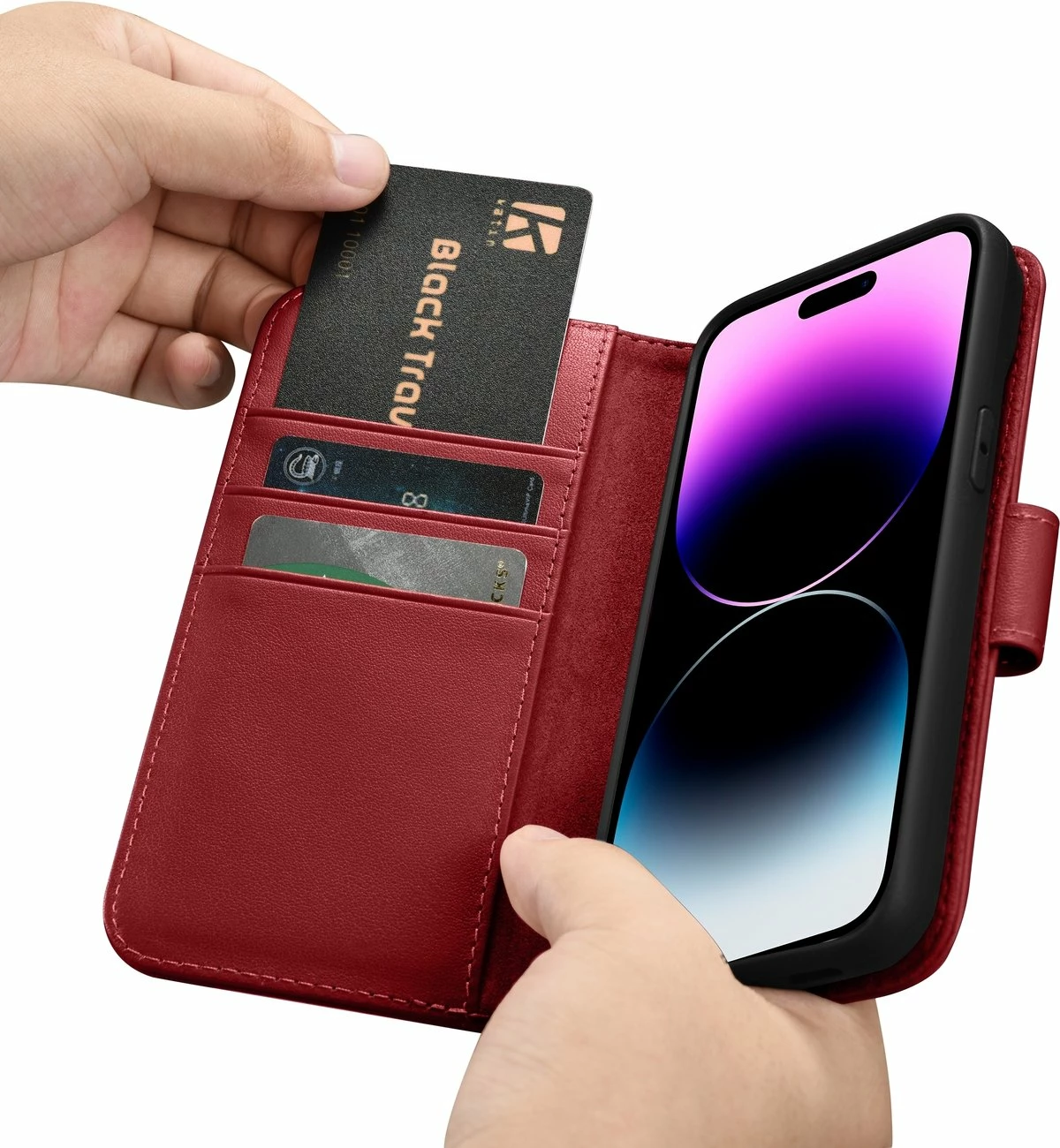 Mbështjellës iCarer Wallet Case 2in1 për iPhone 14 Pro Max, lëkurë, Anti-RFID, e kuqe