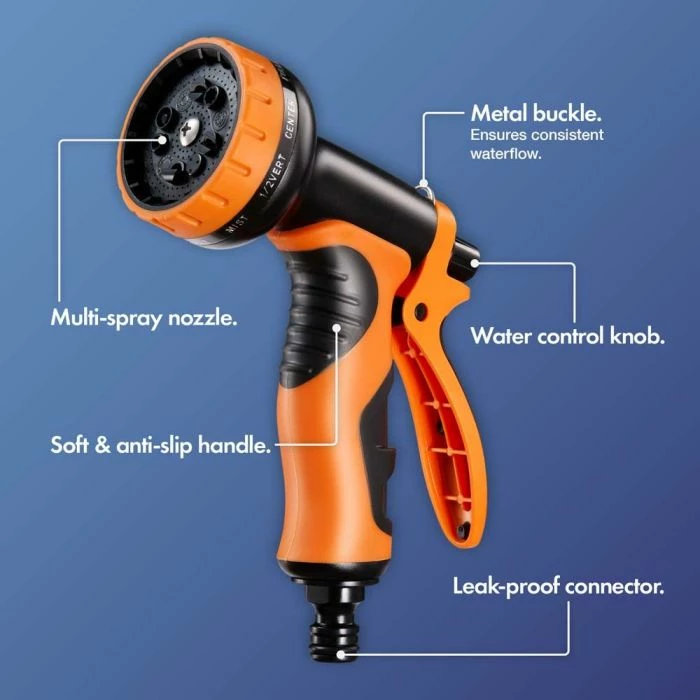 Zorrë kopshti e zgjatshme VonHaus 2500997 15 m, 10 mënyra spërkatjeje, set me lidhësa, zi/portokalli