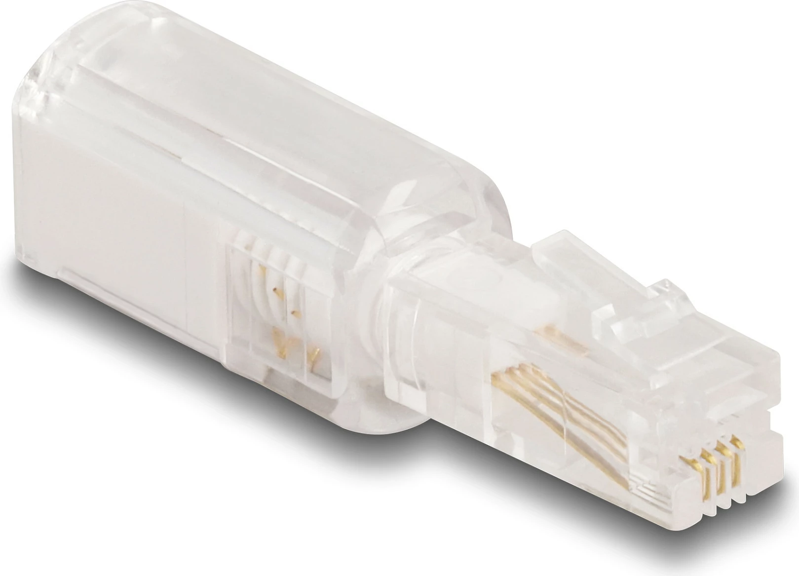 Adapter kablli telefoni DeLOCK RJ10 mashkull në RJ10 femër, kontakte të arta, transparent/bardhë