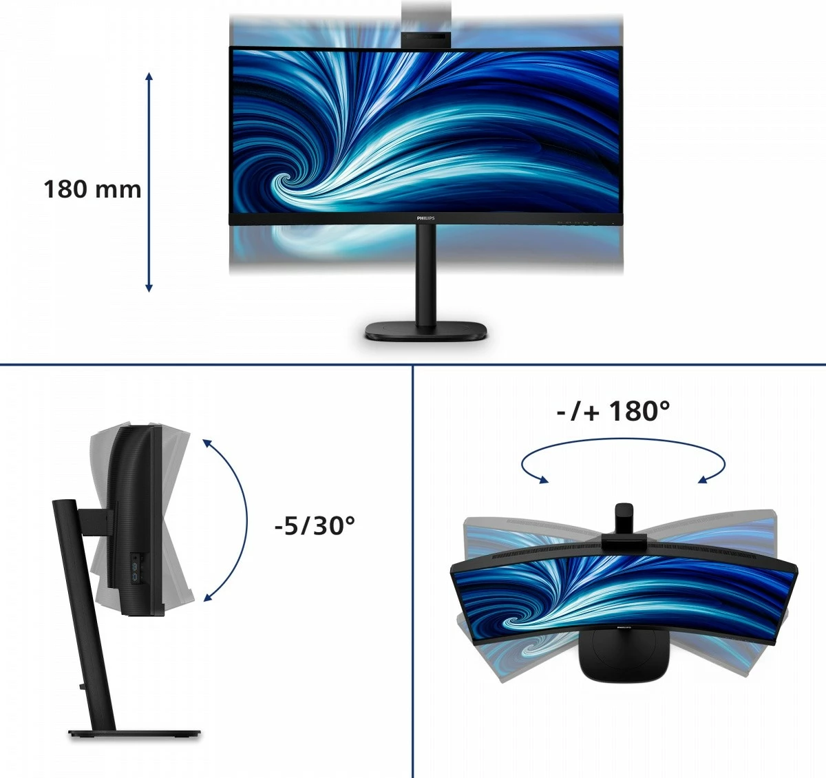 Monitor Philips 34B2U3600CH 34\" WQHD 3440x1440, VA, Curved 1500R, 120Hz, USB-C 90W, RJ45, KVM, webcam 5MP, HAS, i zi