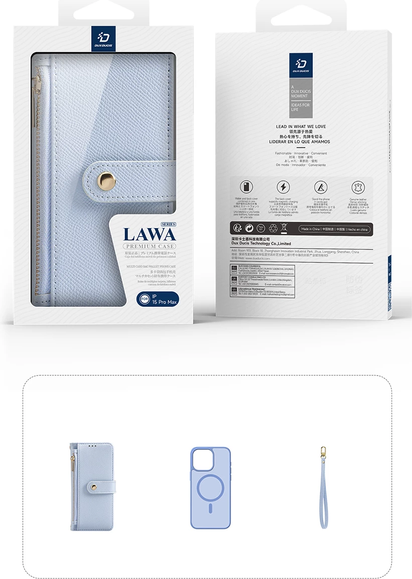 Mbështjellës Dux Ducis Lawa për iPhone 15 Pro, me portofol magnetik, lëkurë, Blu