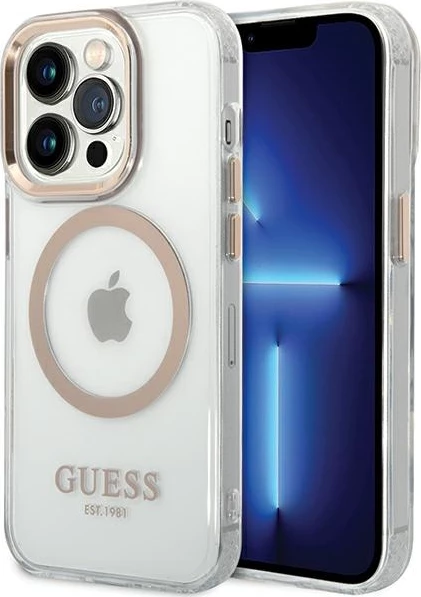 Mbështjellës Guess Metal Outline MagSafe për iPhone 15 Pro, Ari
