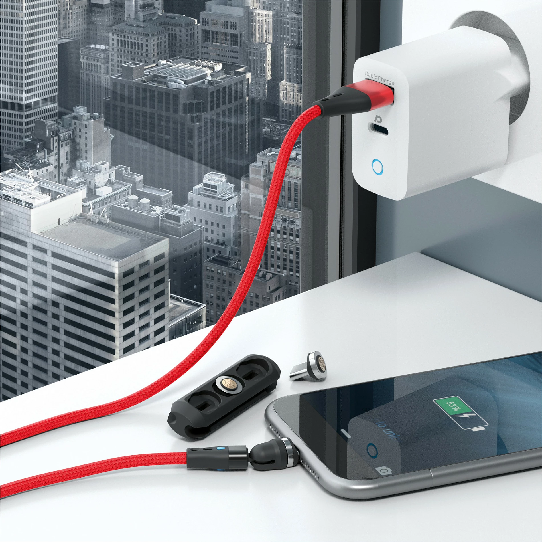 Kabllo magnetike RealPower 3A Set 1m, USB-A me adaptera, 3 copë, e zezë/kuqe/kaltër