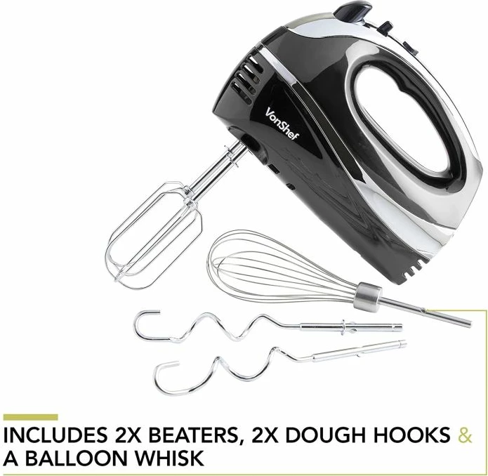 Mikser dore VONSHEF 2007067 300W 5 shpejtësi + turbo, set me 5 shtojca, zi/argjend