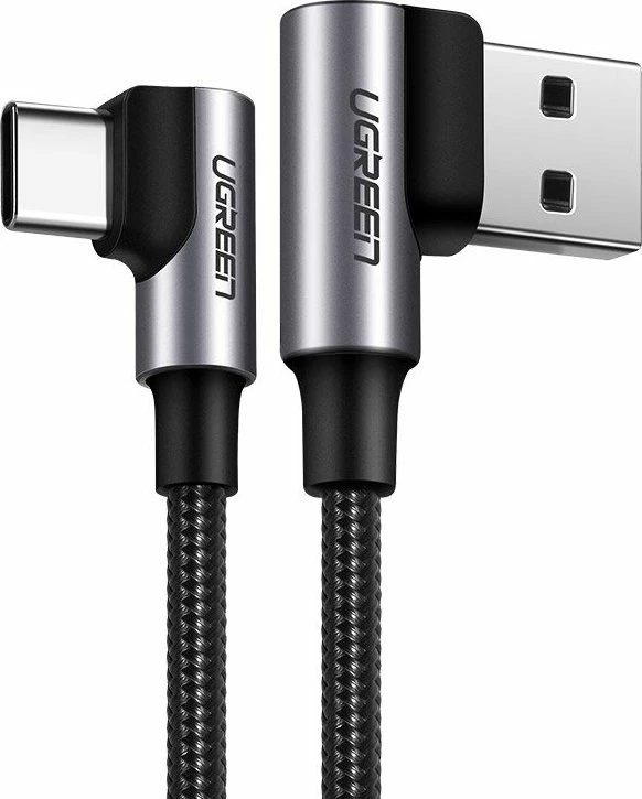 Kabllo USB-A në USB-C Ugreen 20855B 0.5 m Quick Charge 3.0 prizë 90° 3A e gërshetuar, e zezë