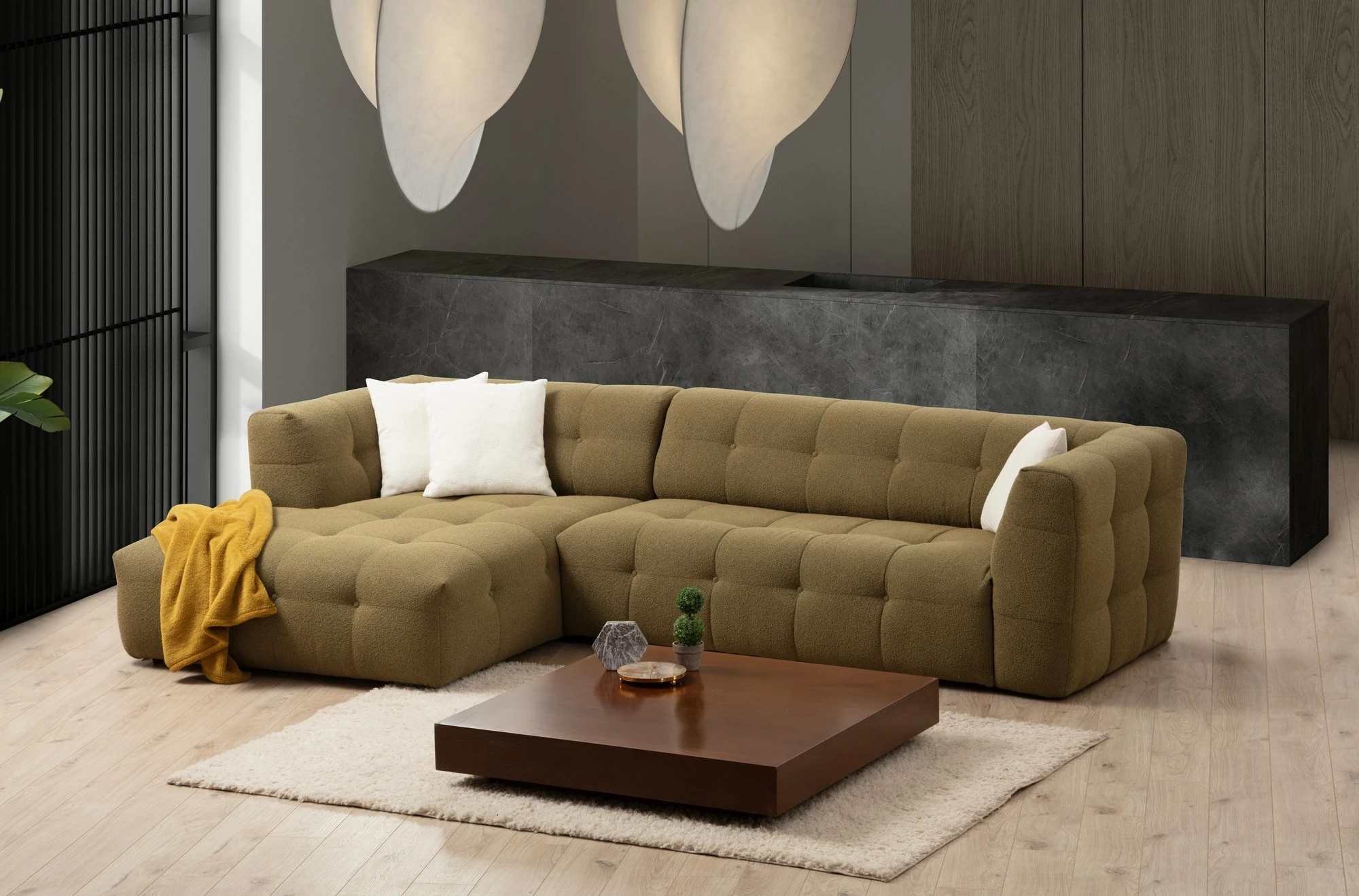 Këndsofa Cady, 3 vende, kënd majtas, ngjyrë kaki