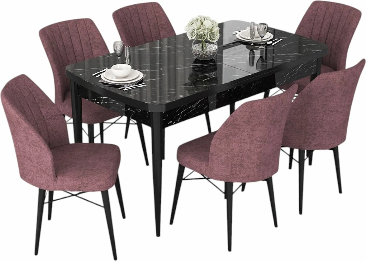 Tavolinë me karrige, zgjatshme, 7 copë, Skye Decor, ngjyrë mermeri të zi, dusty rose