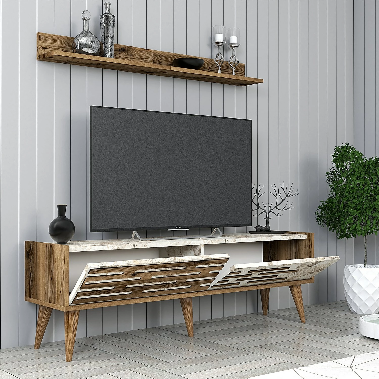 Komodë TV Hanah Home, Valensiya 140, ngjyrë arre, e bardhë, mermer
