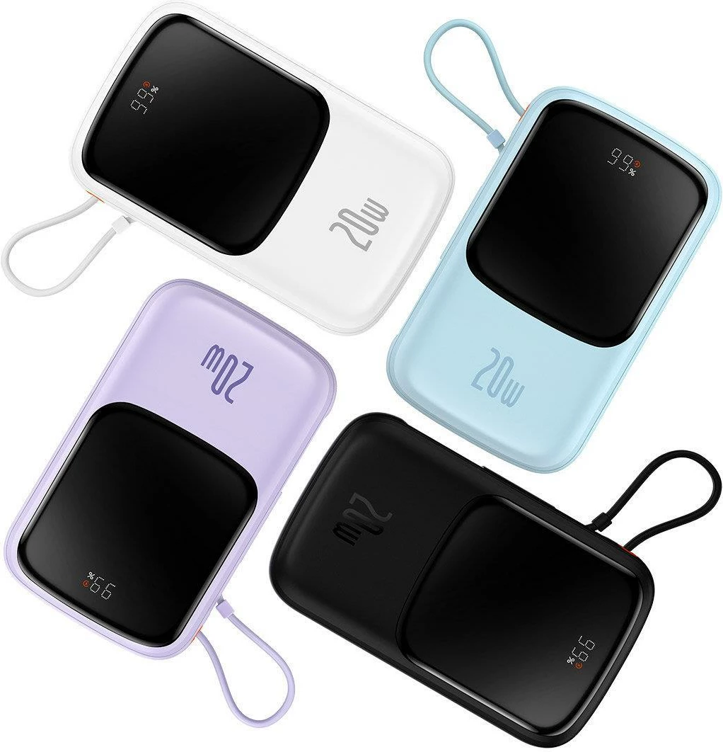 Power bank Baseus Qpow, 10000mAh, 20W, me kabllo Lightning të integruar, Bardhë