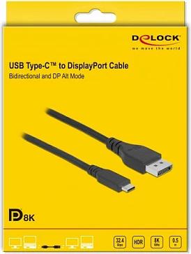 Kabllo DeLOCK USB-C ↔ DisplayPort, DP 1.4, 8K 60Hz, 0.5m, e zezë