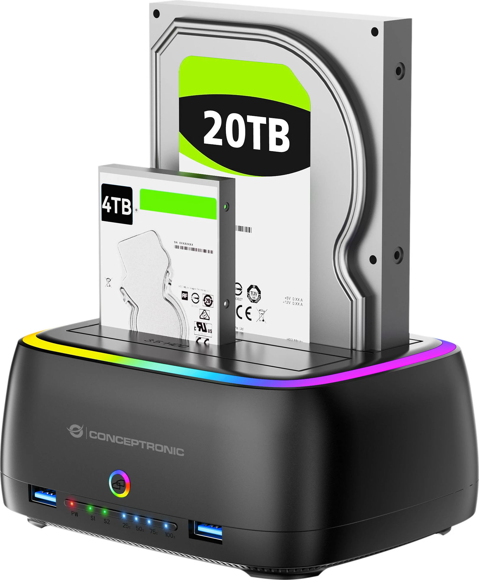 Kuti e jashtme për HDD/SSD Conceptronic, 2.5/3.5", 2-bay, USB-C, RGB, e zezë