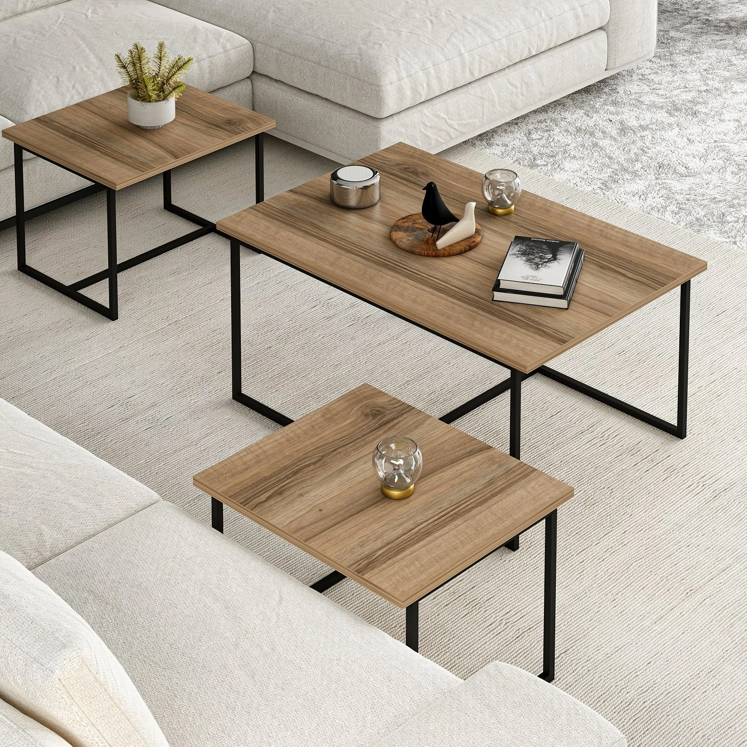 Set tavolinash të mbivendosura Hanah Home, Levada, ngjyrë arre, 3 copë