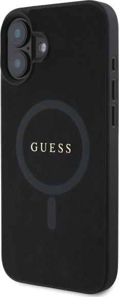 Mbështjellës Guess Saffiano Classic Logo MagSafe për iPhone 16, i zi