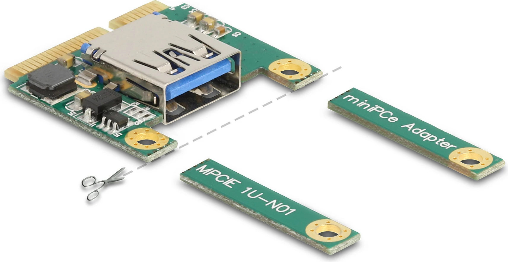 Adapter Mini PCIe DeLOCK mPCIe-USB 2.0, 1x USB Type-A, full size/half size, i gjelbër