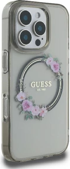 Mbështjellës Guess Flowers Wreath MagSafe për iPhone 16 Pro, 6.3", i zi