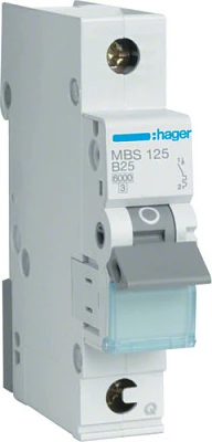 Ndërprerës automatik Hager MBS125, 1P, B25A, 6kA, QuickConnect, 1 modul, bardhë/gri