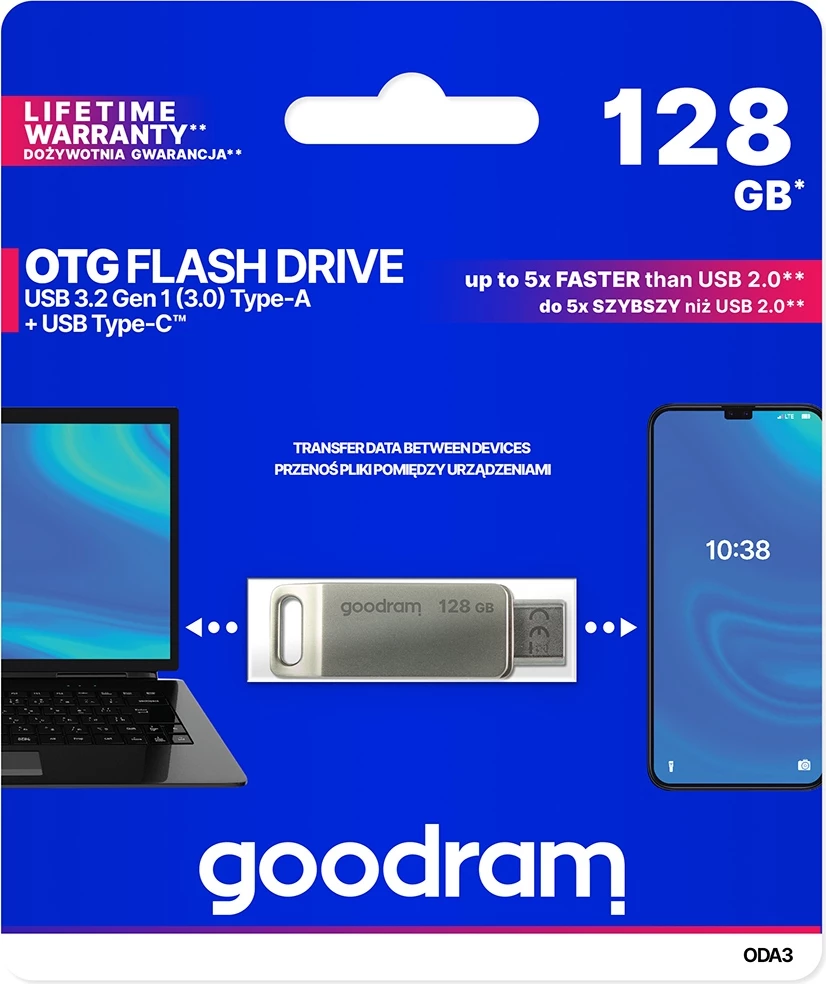 USB Flash Drive Goodram ODA3, 128GB, USB 3.2, USB-A/USB-C, Argjend