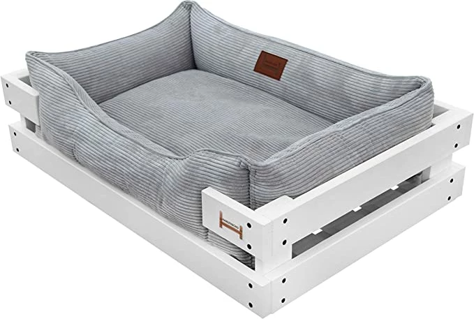 Harley & Cho Shtrati për kafshët "Dreamer Wood" prej druri (L, i bardhë + kadife i gri)