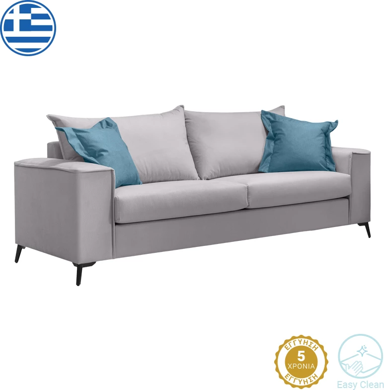 Divan Verona 3-ulës, ngjyrë gri e çelët, me jastëkë blu, 225x93x100cm