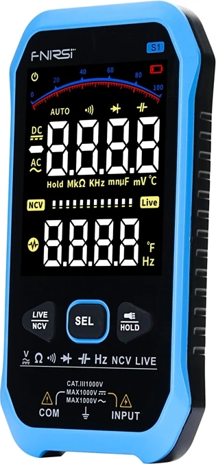 Multimetër digjital FNIRSI S1, True RMS, ekran VA me ngjyra, auto-range, NCV, USB-C, bateri 1000 mAh, CAT III 1000V, zi/kaltër