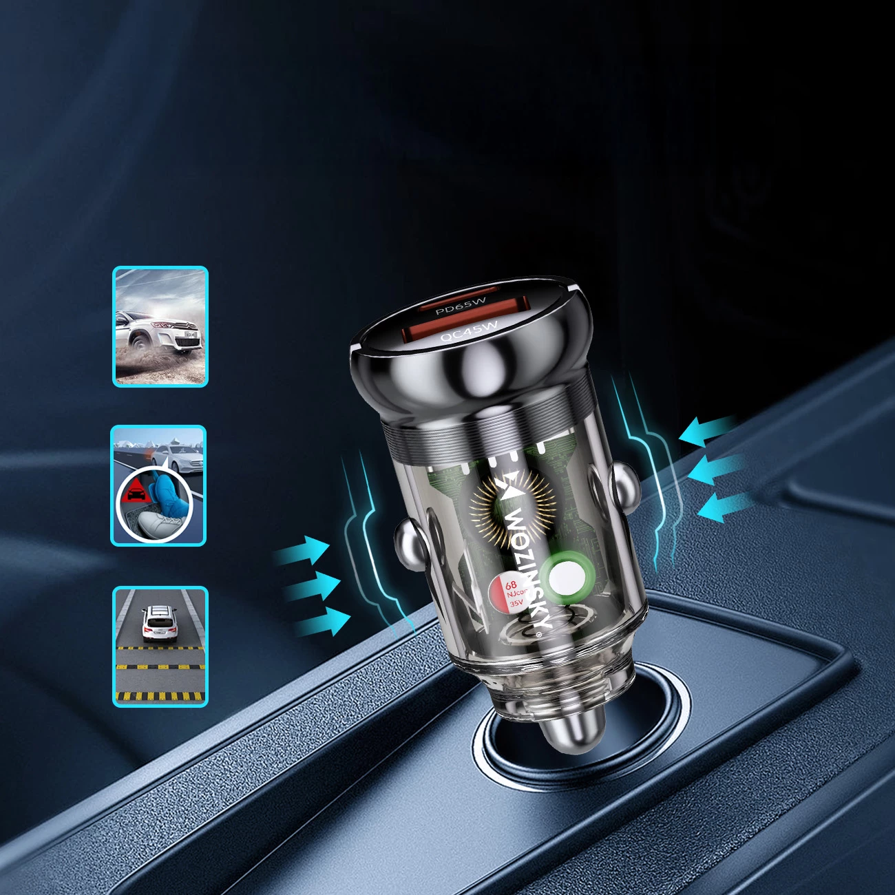 Karikues makine, Wozinsky, WCGWCW, USB-C PD 65W + USB-A QC 3.0 45W, 2 porta, zi