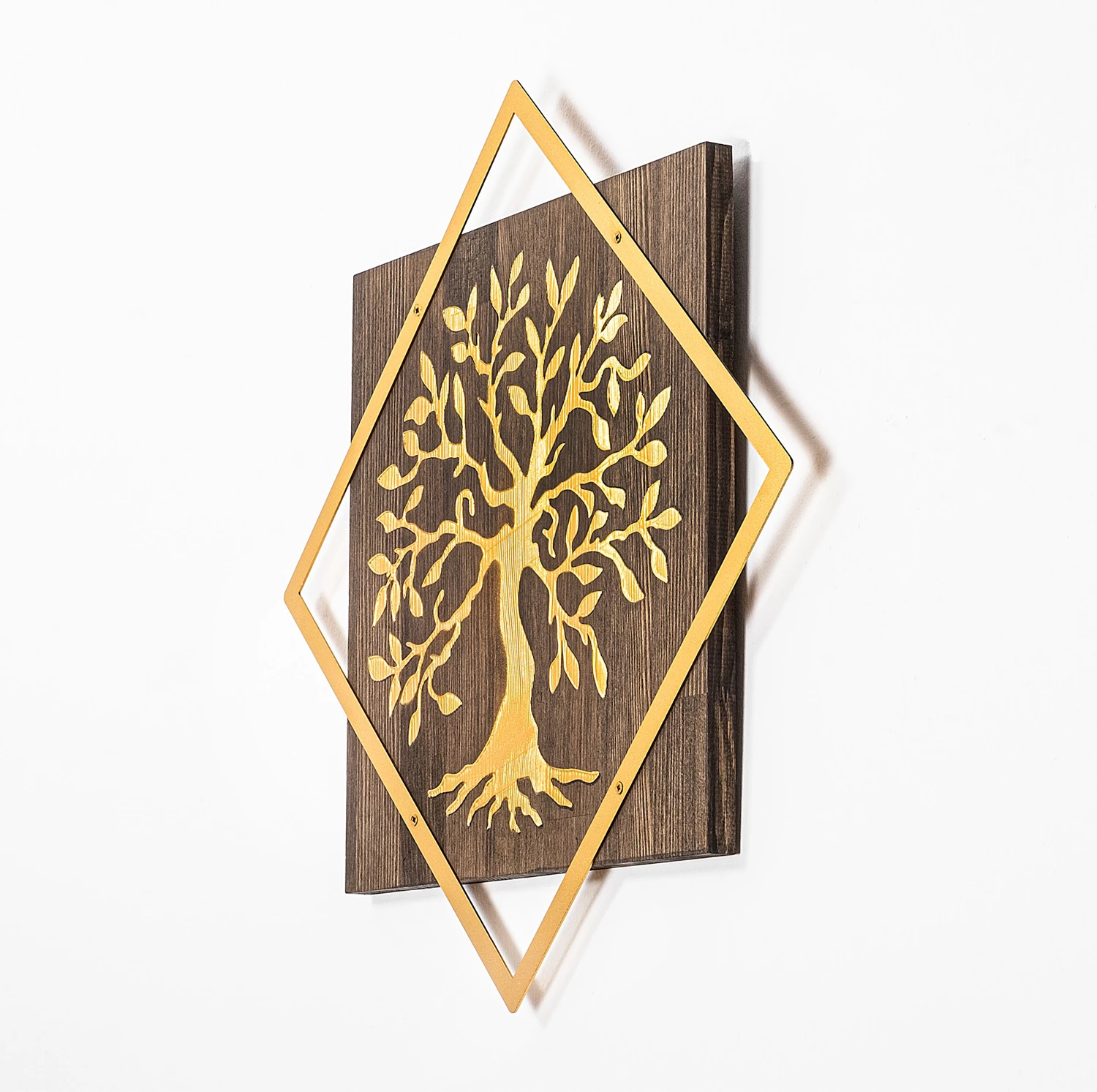 Aksesor dekorativ për mur, dru dhe metal, pemë, ngjyrë arre dhe ari, Wallity, 54x54cm