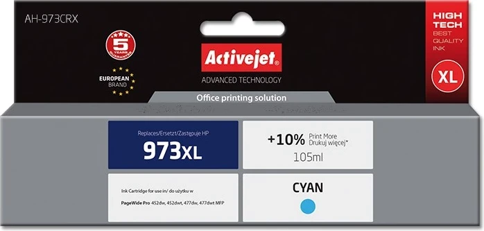 Ngjyrë zëvendësuese Activejet AH-973CRX për printer HP 973XL F6T81AE, 105ml, e kaltër