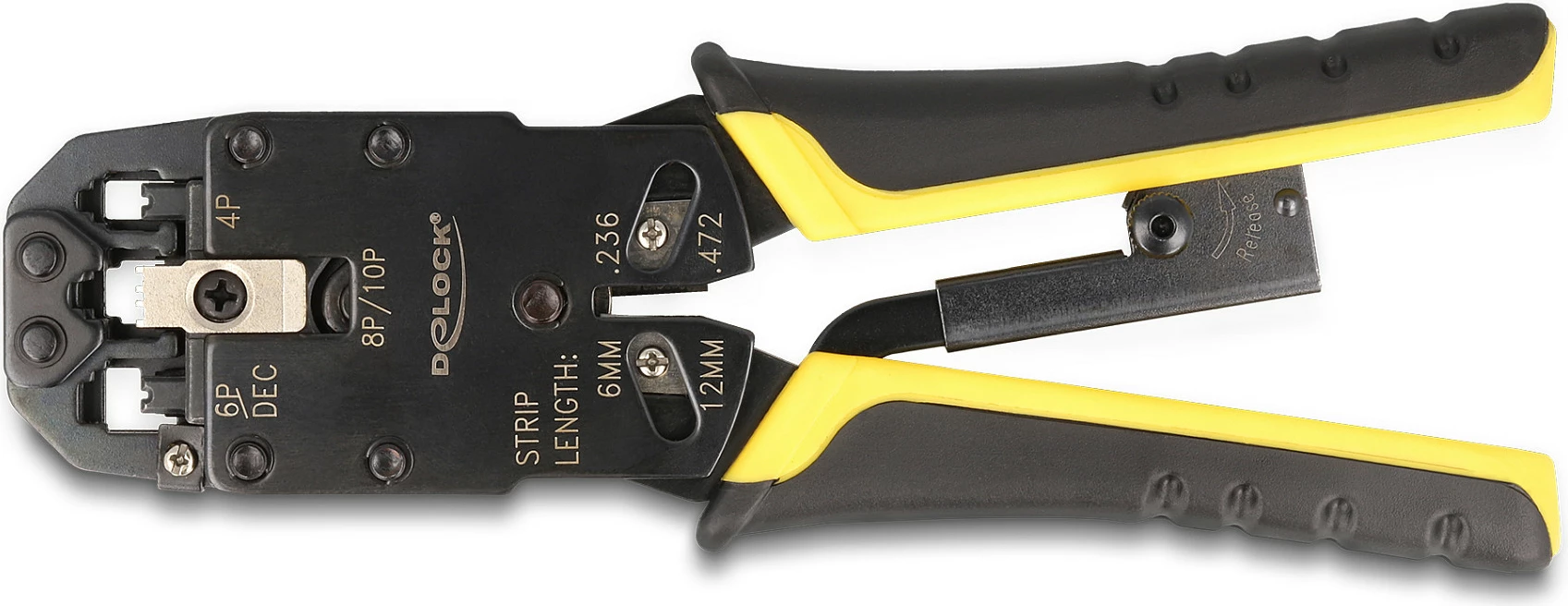 Krimpues kabllash DeLOCK, për RJ50/RJ45/RJ12/RJ11, me abisolues, zi/verdhë