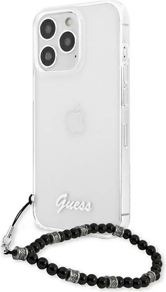 Mbështjellës Guess GUHCP13LKPSBK për iPhone 13/13 Pro 6.1", transparent me varëse perlë, Black Pearl