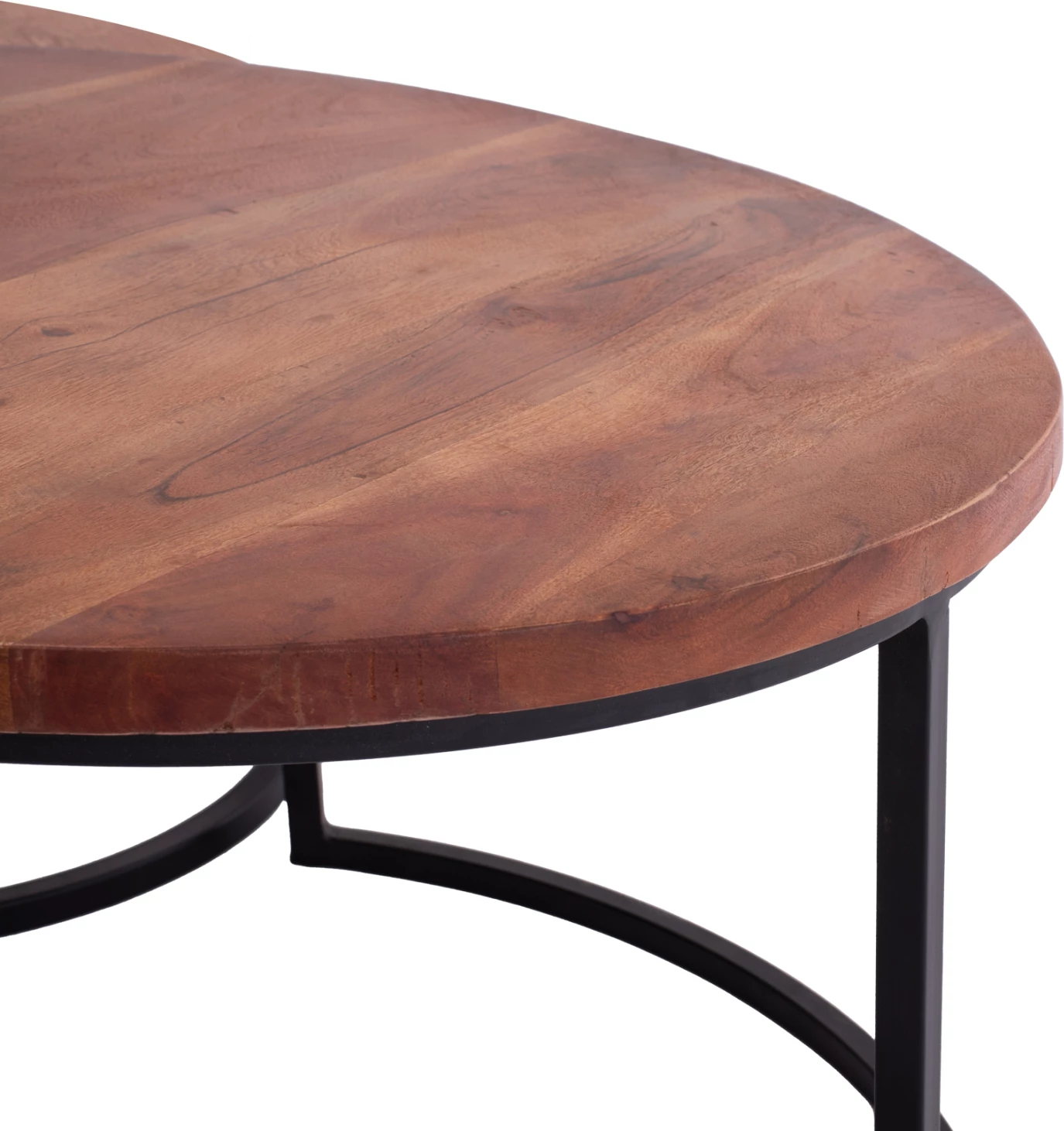 Set 3 tavolina zigon, dru akacie, këmbë metalike të zeza, 78x78x47cm