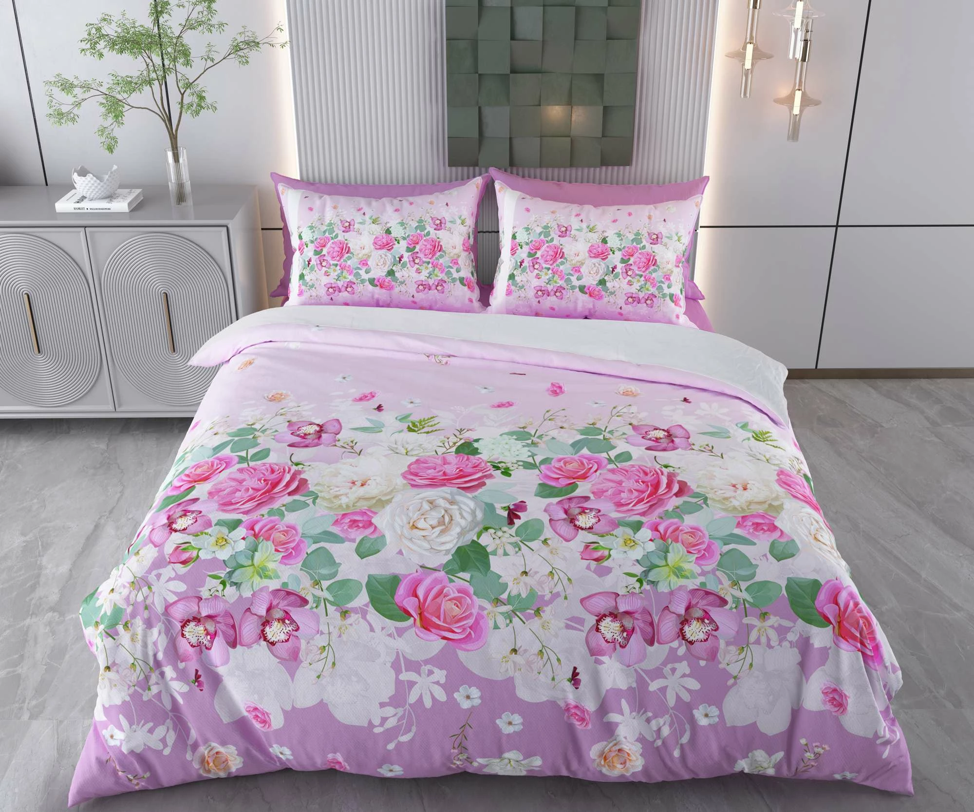 Set mbulesë për jorgan king size, lule, L'Essentiel Linge de Maison, rozë, vjollcë, e gjelbër, e bardhë