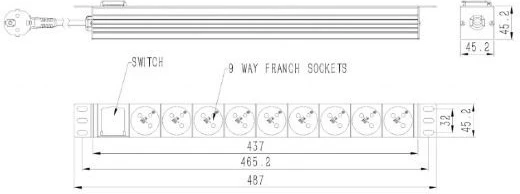 PDU shirit rryme rack, Gembird, EG-PDU-9F2F, 9x FR Type E, 16A, kabllo 2 m, me ndërprerës, 1U, e zezë