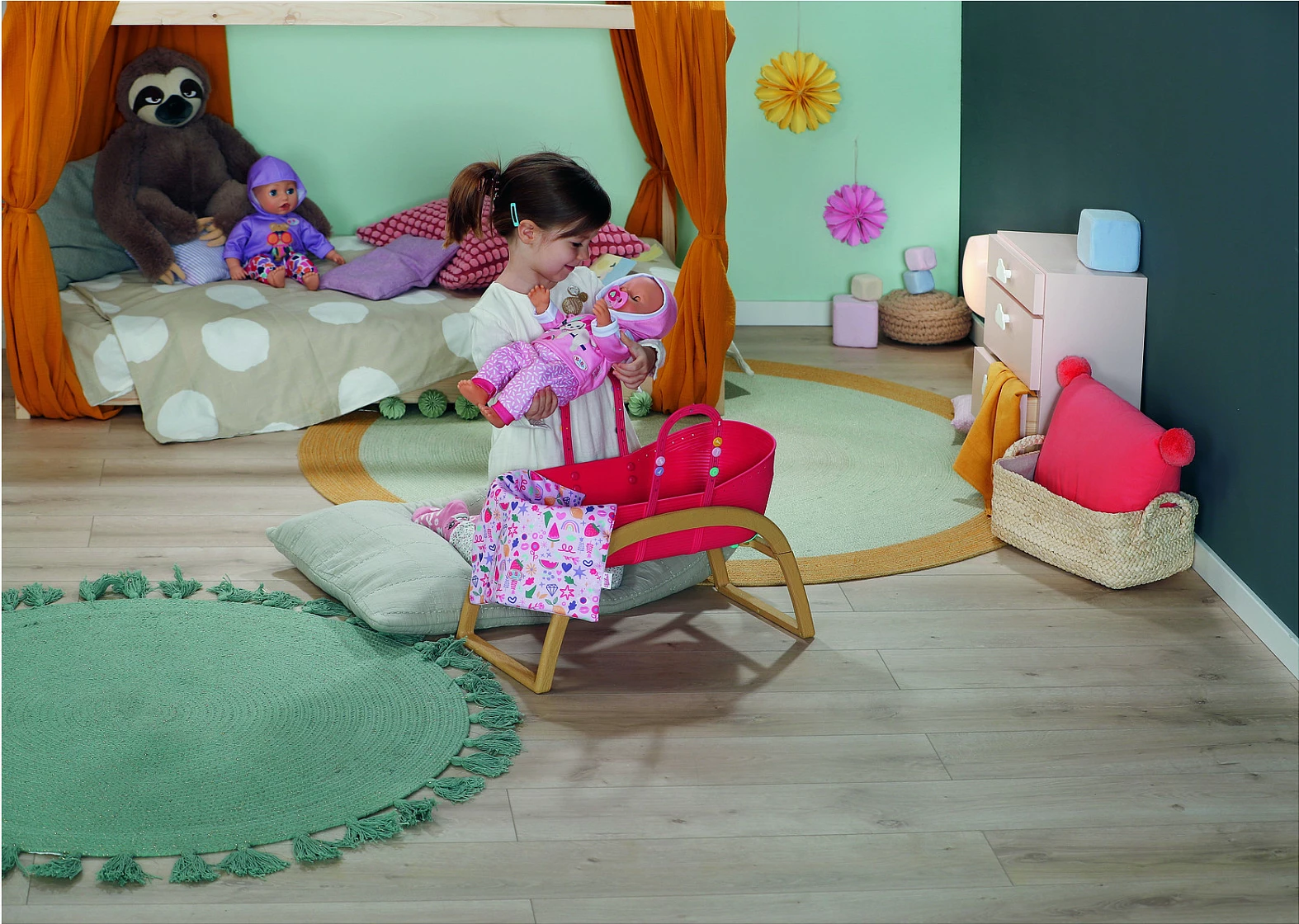 Krevat për kukulla Zapf Creation BABY born Pinplay Bassinet 3 në 1, me lëkundje, shumëngjyrësh