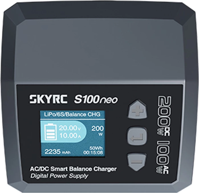 Karikues smart SkyRC S100neo AC/DC 100W/200W, ekran 1.77", për bateri LiPo/LiHV/LiFe/LiIon 1-6S, NiMH/NiCd, Pb, i zi/gri