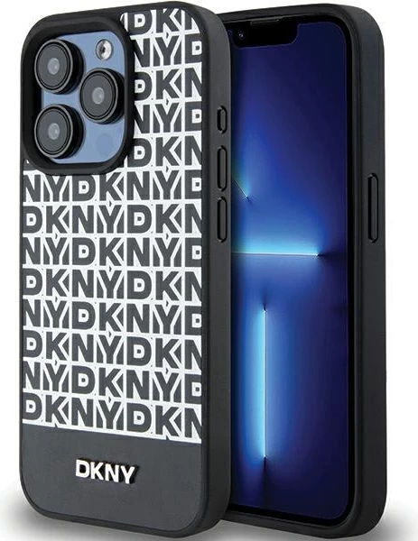 Mbështjellës DKNY Leather Printed Pattern Metal Logo MagSafe për iPhone 15 Pro Max, Zi