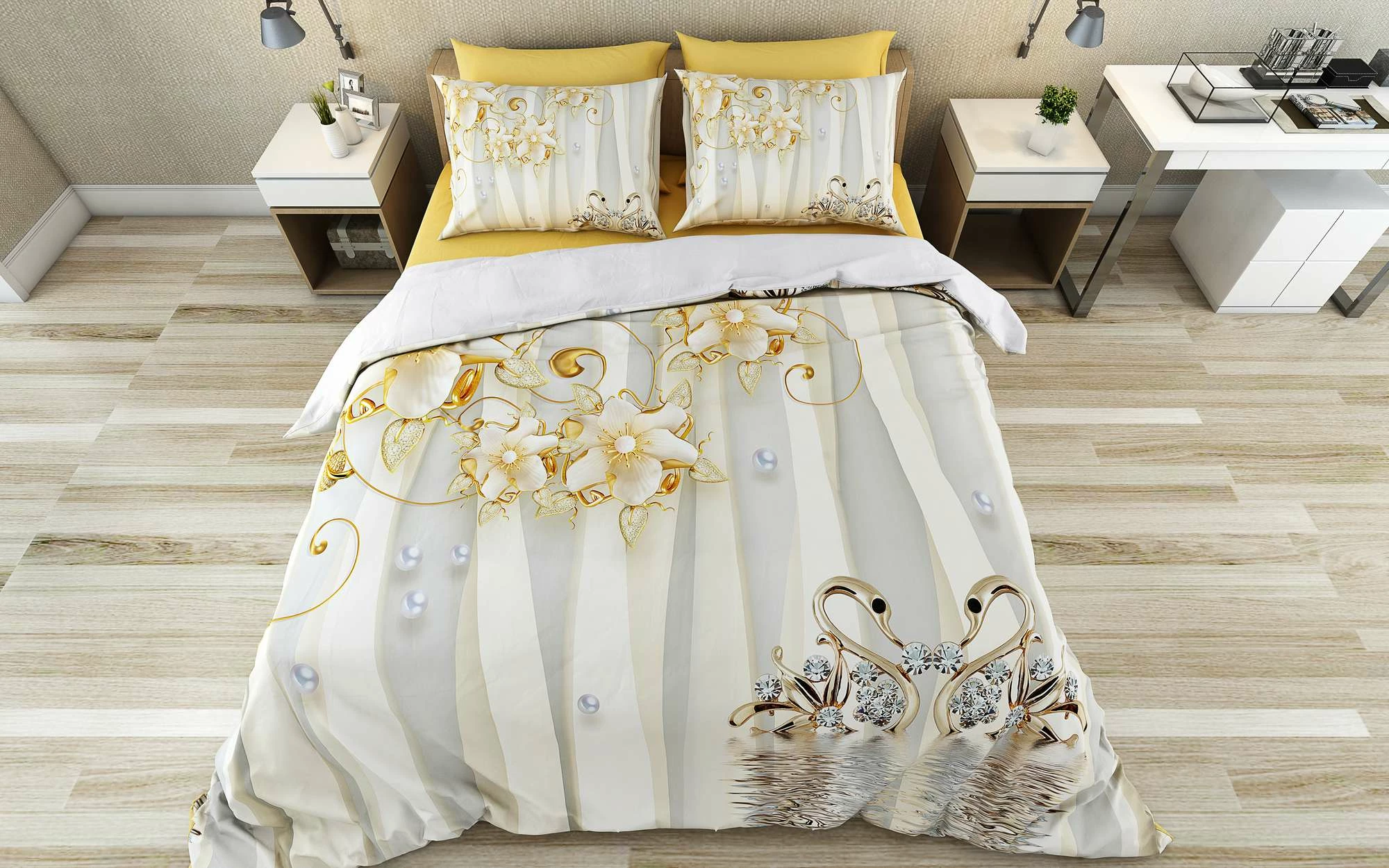 Set mbulesë jorgani njësh, L'Essentiel Linge de Maison, Vanio, ngjyrë ari, e bardhë, gri