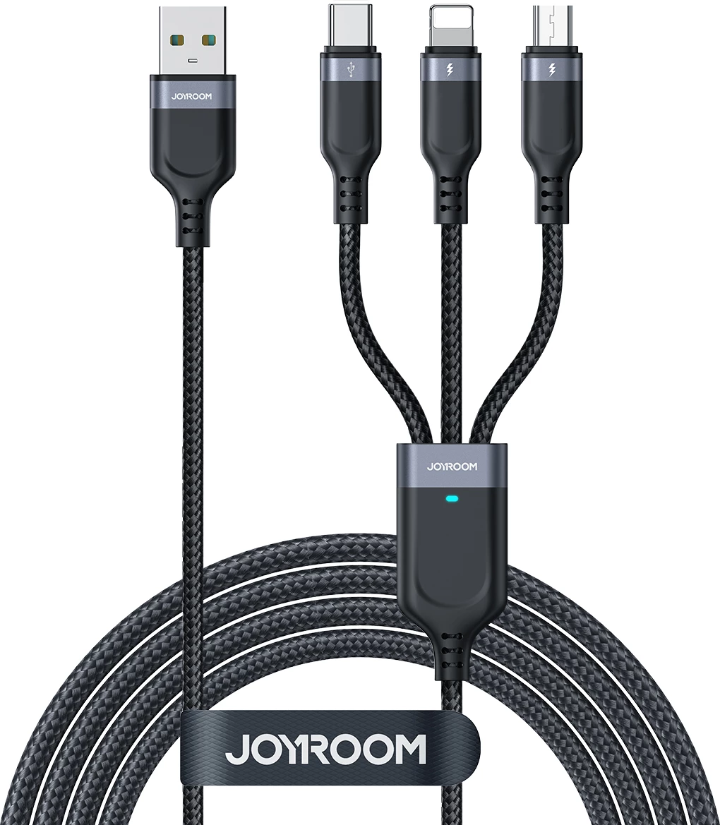 Kabllo 3-në-1 Joyroom Multi-Use Series S-A18, 0.3m, USB-A në Lightning/USB-C/micro USB, e zezë