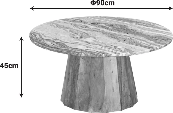 Tavolinë kafeje Ezerdian, dru akacie i fortë, ngjyrë natyrale, sipërfaqe mermeri, D90x45cm