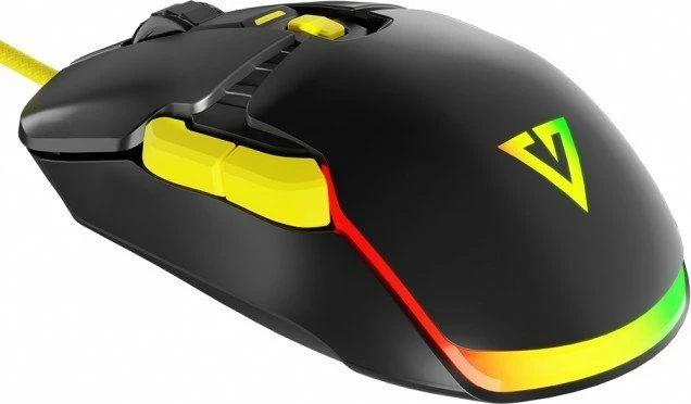 Maus gaming Modecom Volcano Jager M-MC-JAGER-100, 12000 DPI, RGB, optik PAW3327, 69 g, USB me kabll, zi me detaje të verdha, set me panele të ndërrueshme + switch-a të heshtur
