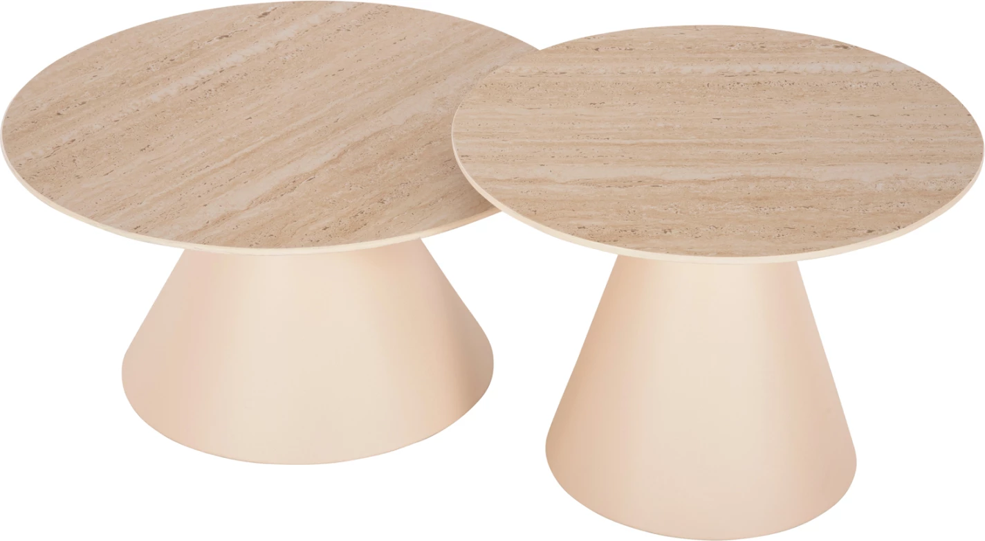 Tavolina anësore 2 copë NANZA FH9927 metalike me sipërfaqe qeramike krem-bezhë Φ50&Φ60 cm