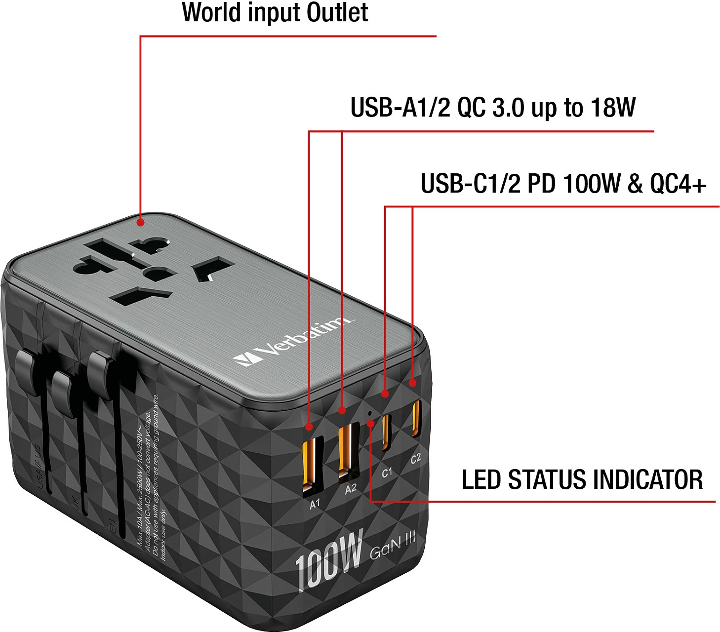 Adapter udhëtimi Verbatim UTA-06 GaN III, 100W, 2x USB-C PD, 2x USB-A QC, i zi