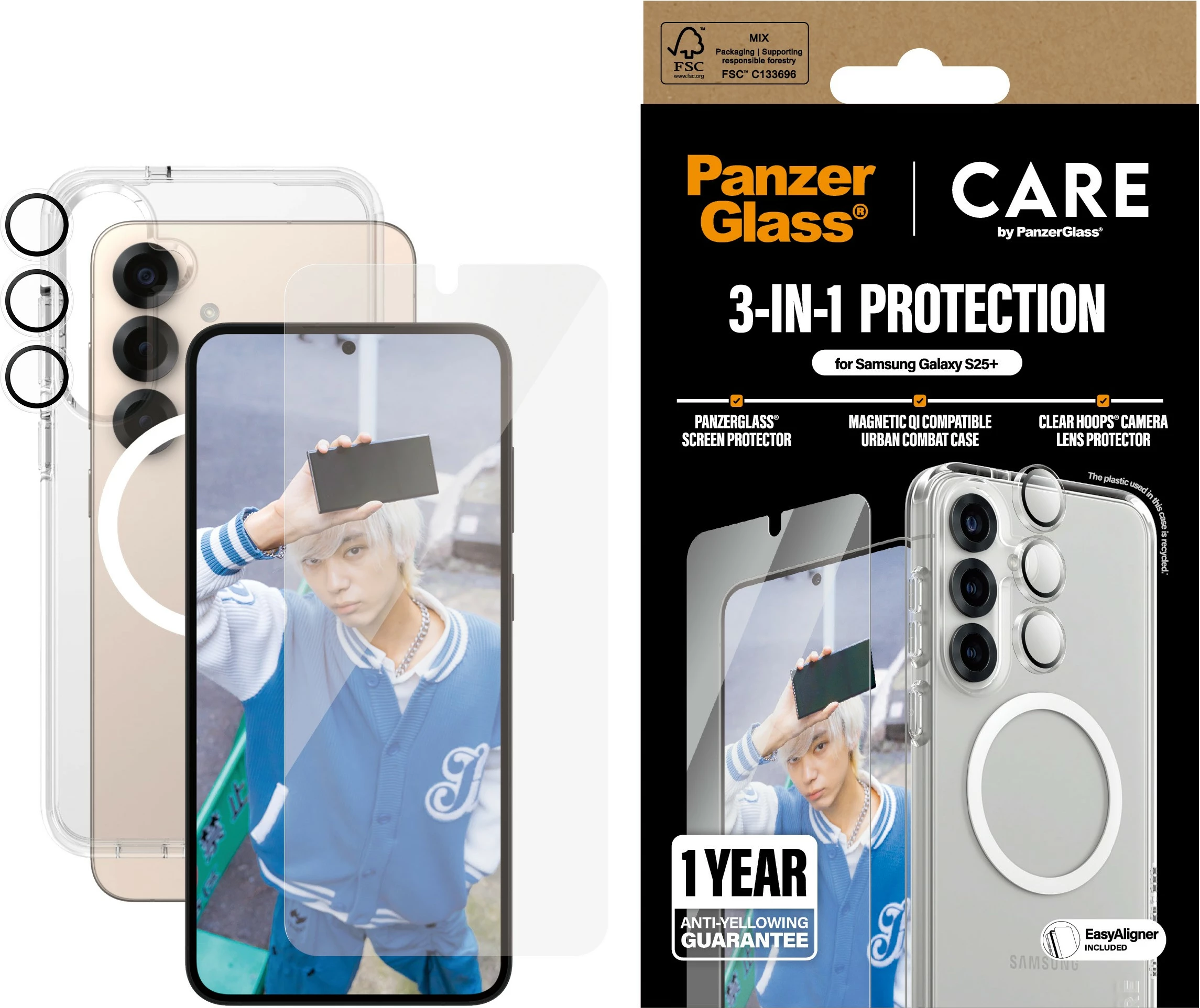 Mbështjellës PanzerGlass për Samsung Galaxy S25 Plus, set 3-në-1, transparent