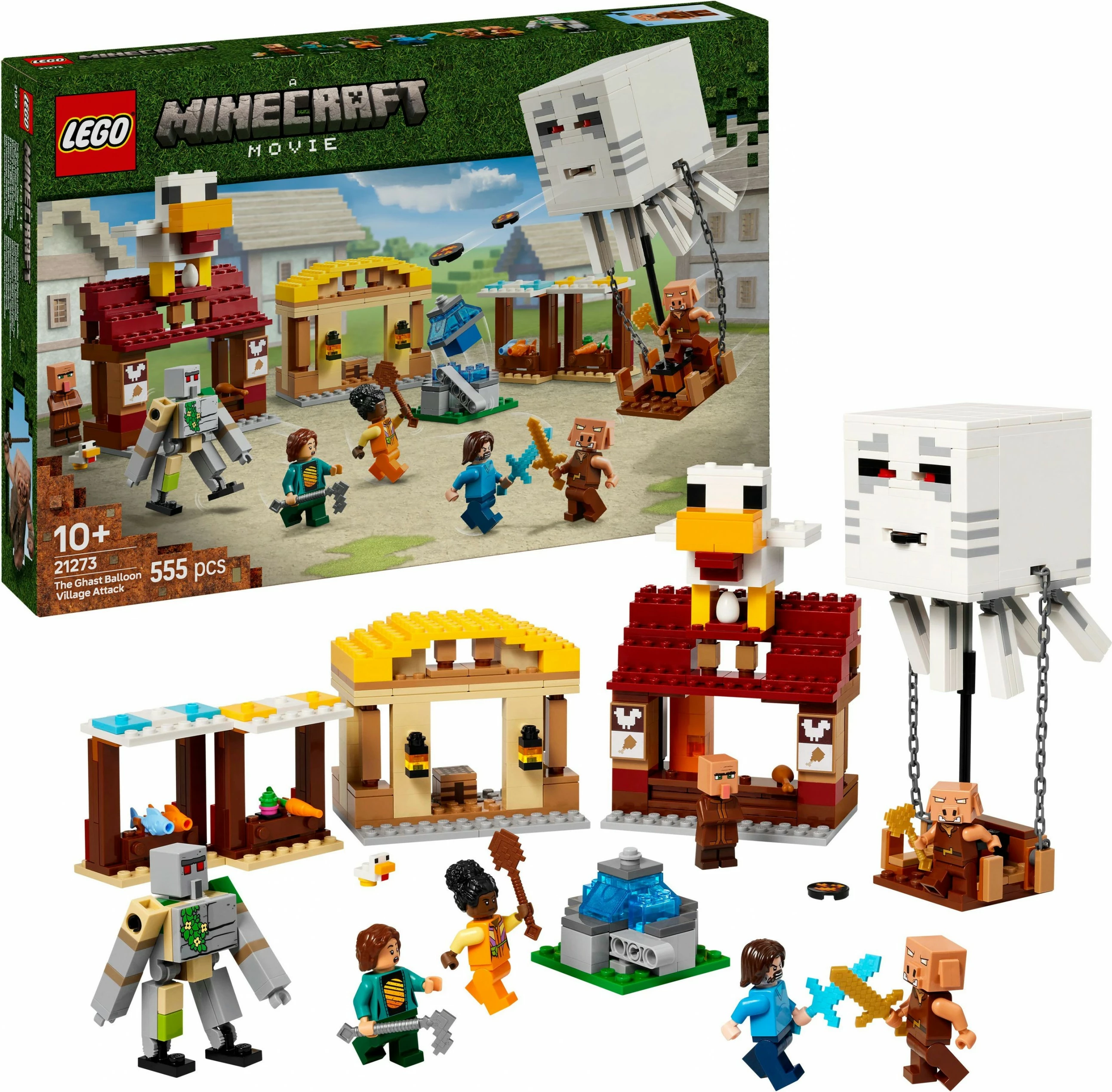 Set ndërtimi LEGO The Ghast Balloon Village Attack, 555 pjesë, plastikë, shumëngjyrësh