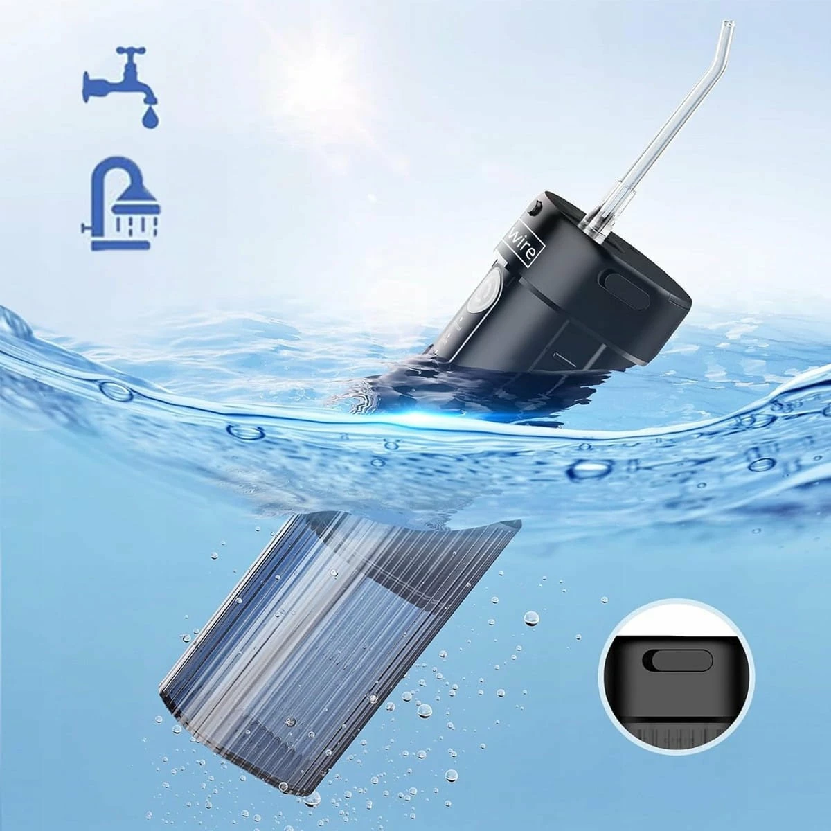 Irigator dentar portativ pa kabllo Zenwire WF309, 190 ml, 3 moda, IPX8, me 6 gryka, i zi