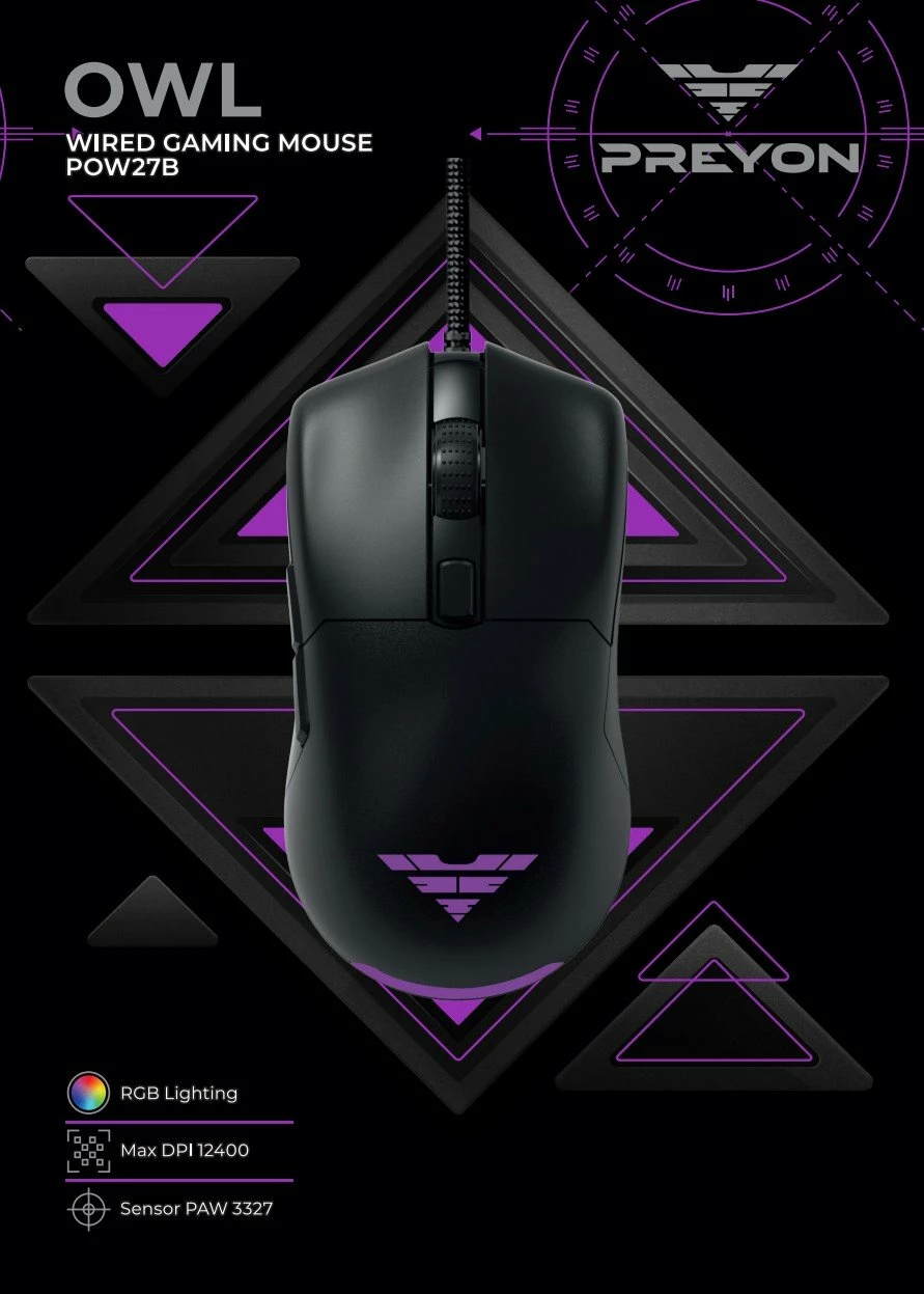 Maus gaming PREYON Owl Wired POW27B, USB me kabllo, 12400 DPI, RGB, 6 butona, i zi
