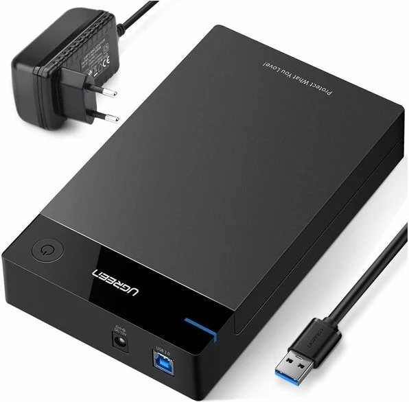Kasë për HDD/SSD 3.5" UGREEN 50422, USB 3.0 në SATA, UASP, deri 16TB, e zezë, set me kabllo 1m dhe adaptor 12V/2A